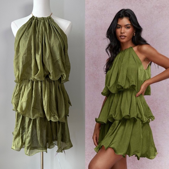 Missguided Dresses & Skirts - Missguided Green Metallic Tiered Ruffle Mini Dress